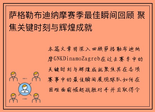 萨格勒布迪纳摩赛季最佳瞬间回顾 聚焦关键时刻与辉煌成就